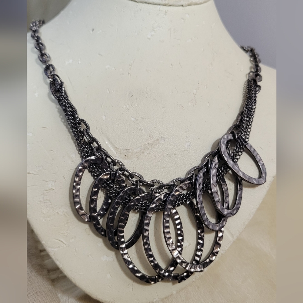 Gun Metal Black Oval Disk & Chain Necklace 18"